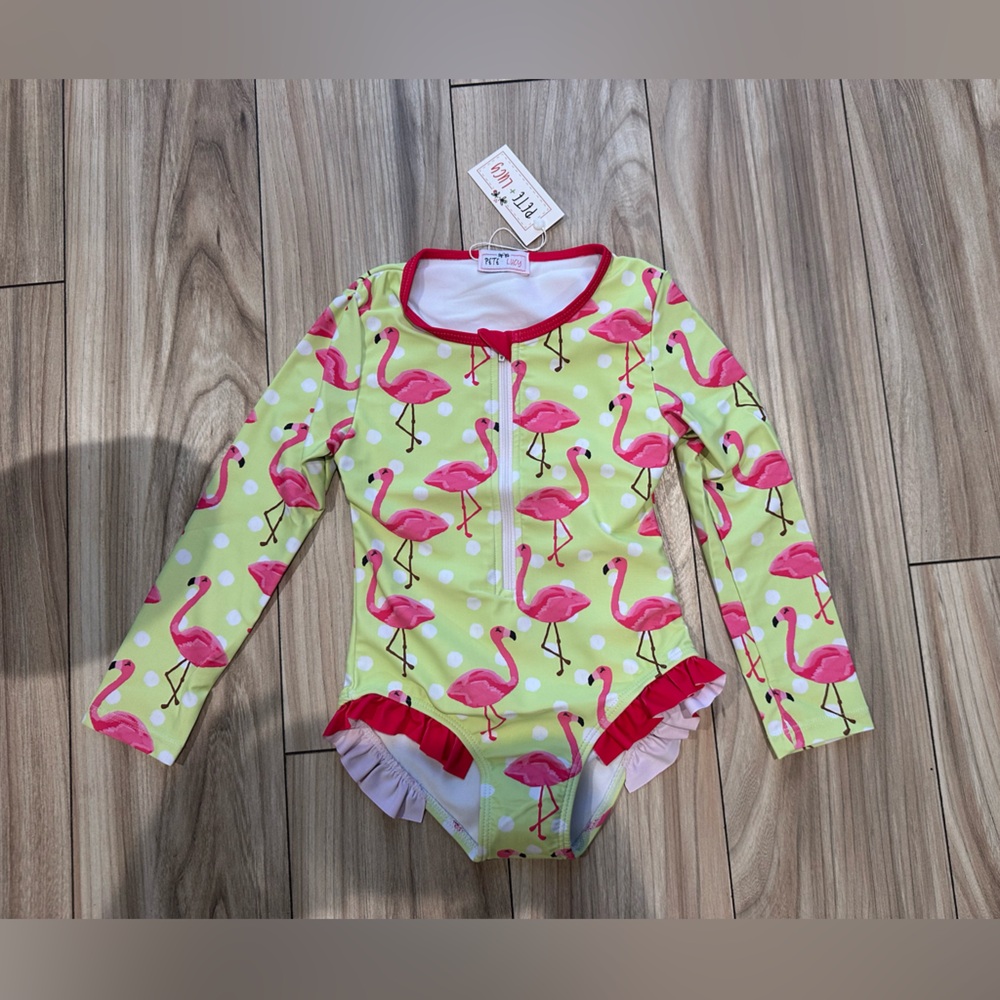 Pete + Lucy Fancy Flamingo Rash Guard Swim Suit Size 5
